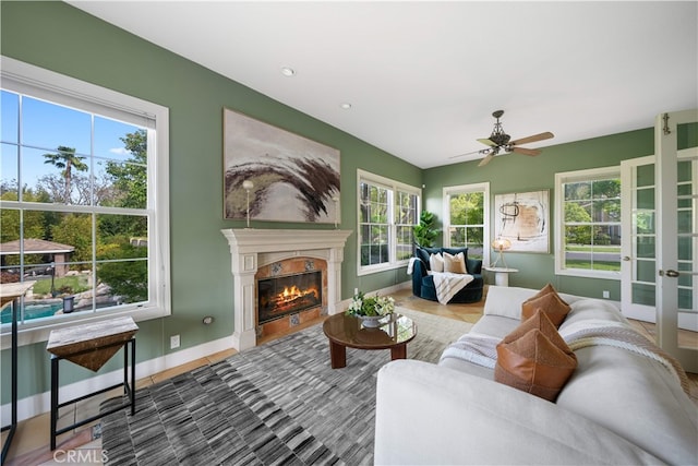 3048 Street Of The Chimes, Chino Hills, CA 91709 - living area featuring a ceiling fan, a high end fireplace, and recessed lighting