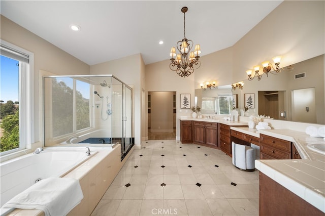 3048 Street Of The Chimes, Chino Hills, CA 91709 - bathroom featuring a chandelier, lofted ceiling, double vanity, a bath, and a stall shower