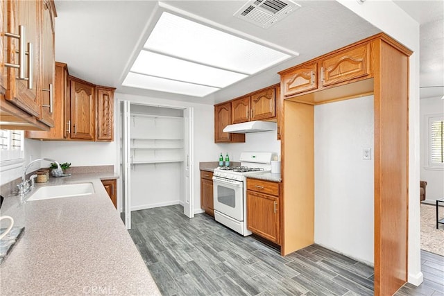 22331 Ramona Ave, Apple Valley, CA 92307 - kitchen featuring white gas stove, a sink, under cabinet range hood, wood finished floors, and light countertops