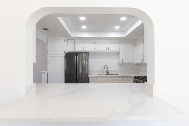 42117 Agena St, Temecula, CA 92592 - kitchen with appliances with stainless steel finishes, a sink, a tray ceiling, recessed lighting, and light stone counters