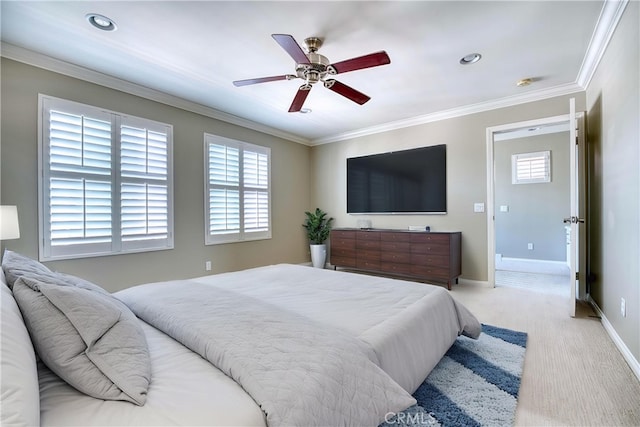 20267 Estuary Ln, Newport Beach, CA 92660 - bedroom featuring carpet flooring, crown molding, baseboards, ceiling fan, and recessed lighting
