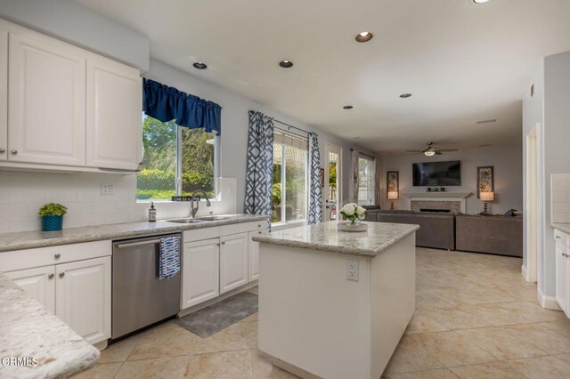 904 Calle Higuera, Camarillo, CA 93010 - kitchen featuring stainless steel dishwasher, a sink, ceiling fan, a kitchen island, and recessed lighting