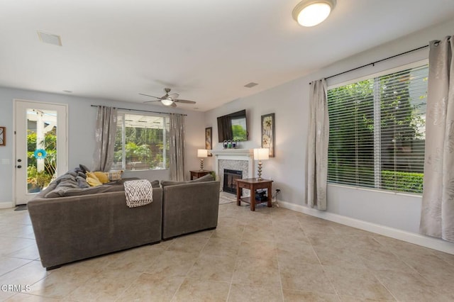 904 Calle Higuera, Camarillo, CA 93010 - living room featuring plenty of natural light, light tile patterned floors, and ceiling fan