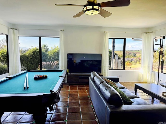 1650 Winterwarm Dr, Fallbrook, CA 92028 - rec room featuring tile patterned flooring, a ceiling fan, and billiards table