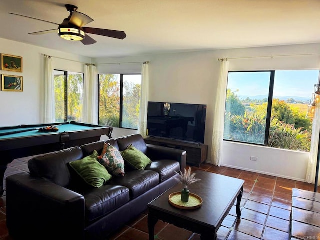 1650 Winterwarm Dr, Fallbrook, CA 92028 - living room featuring ceiling fan, billiards, tile patterned flooring, and baseboards