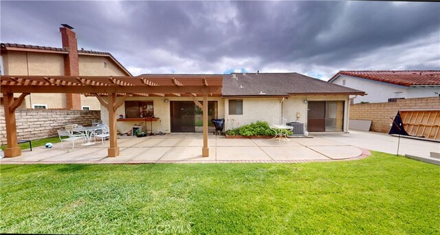 205 Cedar Heights Dr, Thousand Oaks, CA 91360 - rear view of property with a pergola, stucco siding, central AC unit, a patio area, and a chimney