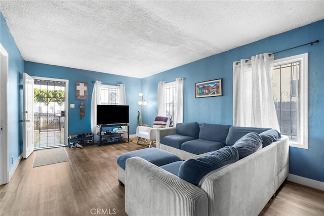 151 E 105th St, Los Angeles, CA 90003 - living room with a textured ceiling, wood finished floors, and baseboards