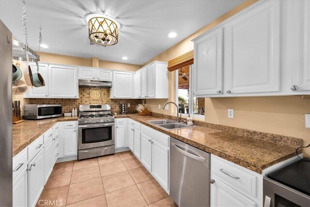 5115 Warren Vista Ave, Yucca Valley, CA 92284 - kitchen featuring appliances with stainless steel finishes, a sink, under cabinet range hood, decorative backsplash, and white cabinetry