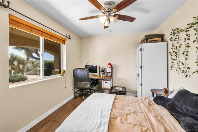 5115 Warren Vista Ave, Yucca Valley, CA 92284 - bedroom featuring wood finished floors, baseboards, a desk, and a ceiling fan