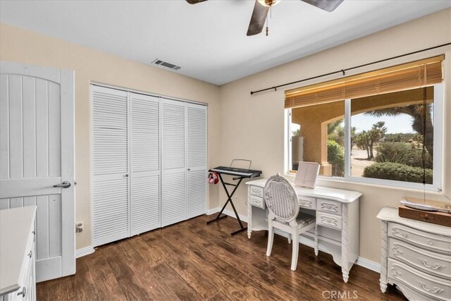 5115 Warren Vista Ave, Yucca Valley, CA 92284 - home office with ceiling fan, wood finished floors, and baseboards