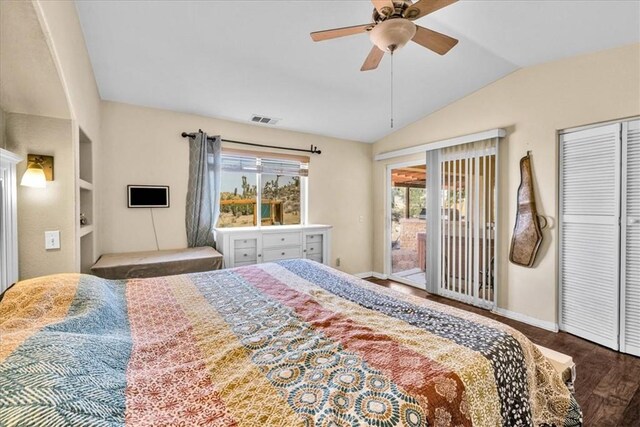 5115 Warren Vista Ave, Yucca Valley, CA 92284 - bedroom featuring vaulted ceiling, wood finished floors, baseboards, access to exterior, and a ceiling fan
