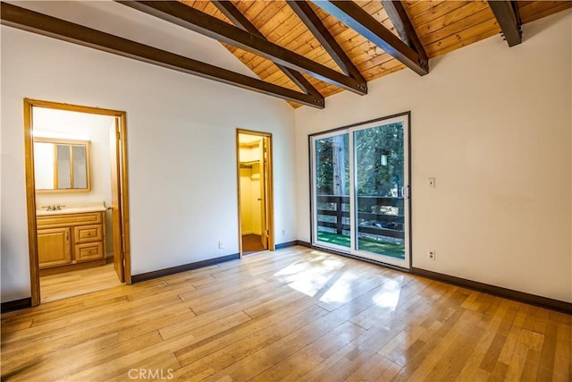 968 Lausanne Dr, Crestline, CA 92325 - unfurnished room featuring wood ceiling, a sink, baseboards, and light wood-style floors