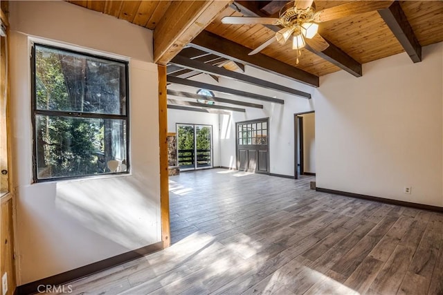 968 Lausanne Dr, Crestline, CA 92325 - spare room featuring wood ceiling, wood finished floors, a ceiling fan, and baseboards