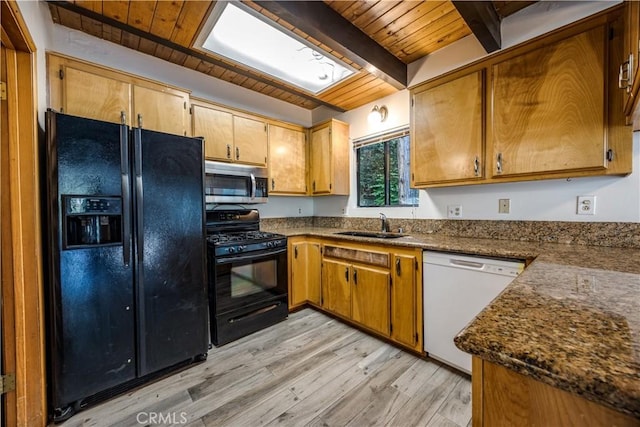 968 Lausanne Dr, Crestline, CA 92325 - kitchen featuring black appliances, wood ceiling with exposed beams, light wood-style floors, and a sink