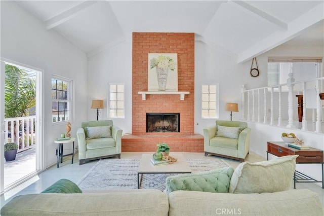 1713 Carlson, Redondo Beach, CA 90278 - living room with plenty of natural light, beamed ceiling, a brick fireplace, and high vaulted ceiling
