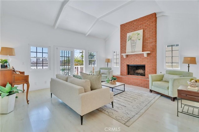 1713 Carlson, Redondo Beach, CA 90278 - living room featuring healthy amount of natural light, wood finished floors, a brick fireplace, high vaulted ceiling, and beam ceiling