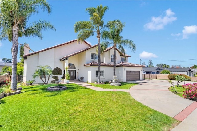 1048 Gladstone St, La Verne, CA 91750 - mediterranean / spanish house with driveway, stucco siding, an attached garage, a tile roof, and a chimney