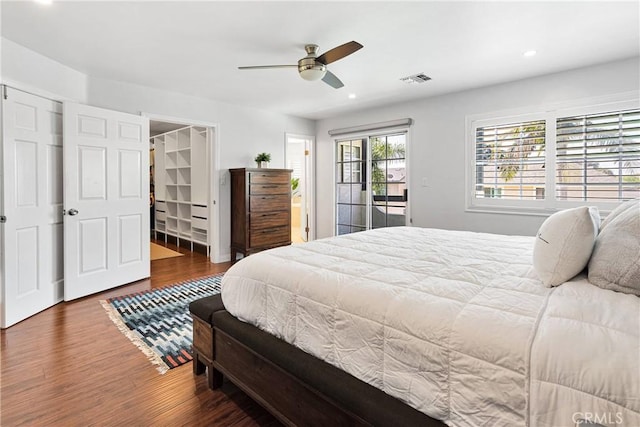 1048 Gladstone St, La Verne, CA 91750 - bedroom with access to exterior, wood finished floors, recessed lighting, and ceiling fan