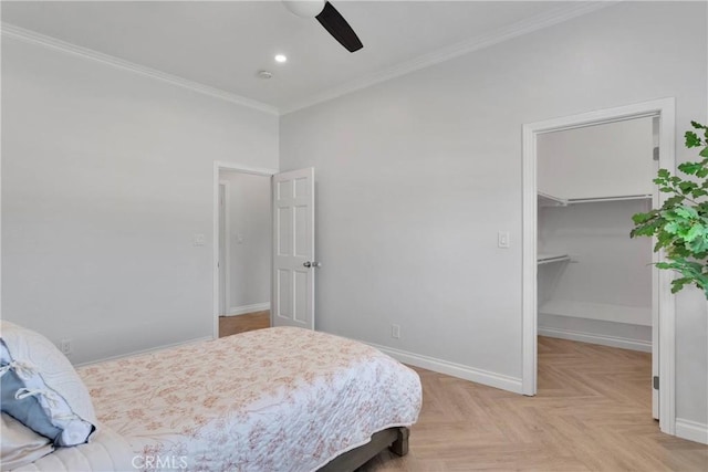 1048 Gladstone St, La Verne, CA 91750 - bedroom featuring a spacious closet, crown molding, baseboards, a closet, and a ceiling fan