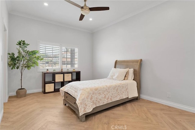 1048 Gladstone St, La Verne, CA 91750 - bedroom featuring baseboards, ornamental molding, recessed lighting, and a ceiling fan