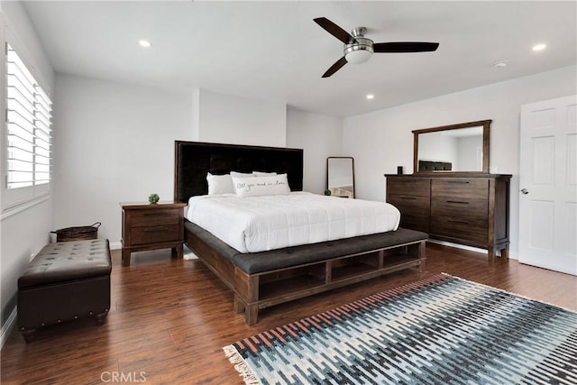 1048 Gladstone St, La Verne, CA 91750 - bedroom featuring dark wood-style floors, recessed lighting, baseboards, and a ceiling fan