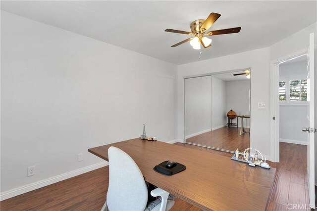 1048 Gladstone St, La Verne, CA 91750 - office area with a ceiling fan, wood finished floors, and baseboards
