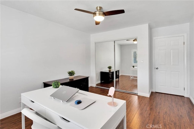 1048 Gladstone St, La Verne, CA 91750 - office area featuring a ceiling fan, dark wood finished floors, and baseboards