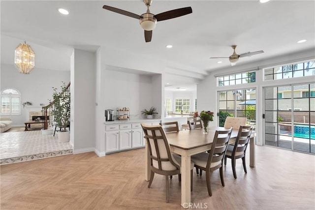 1048 Gladstone St, La Verne, CA 91750 - dining room with ceiling fan, recessed lighting, baseboards, and a chandelier