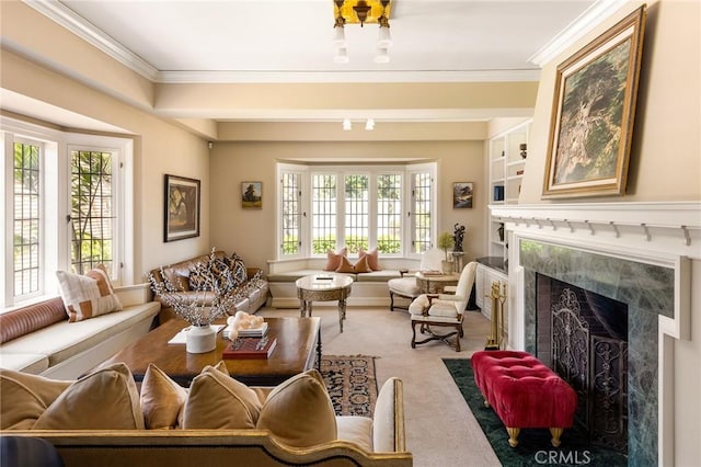 11 La Linda Dr, Long Beach, CA 90807 - carpeted living area with plenty of natural light, a premium fireplace, and ornamental molding