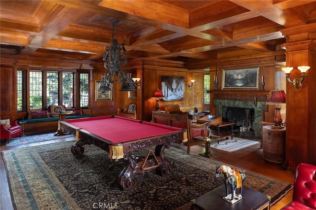11 La Linda Dr, Long Beach, CA 90807 - playroom with wood finished floors, wood ceiling with exposed beams, coffered ceiling, a high end fireplace, and billiards