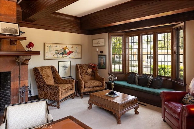 11 La Linda Dr, Long Beach, CA 90807 - living area featuring beam ceiling, a fireplace, and carpet