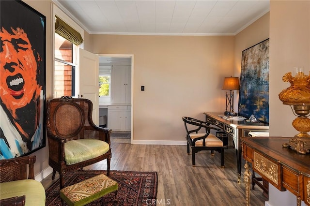 11 La Linda Dr, Long Beach, CA 90807 - office area featuring wood finished floors, crown molding, and baseboards