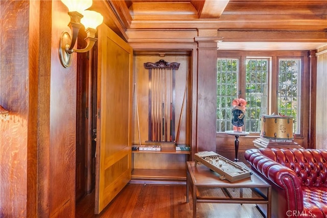 11 La Linda Dr, Long Beach, CA 90807 - home office featuring wood finished floors, wooden walls, and crown molding