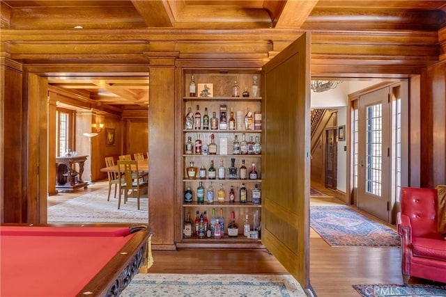 11 La Linda Dr, Long Beach, CA 90807 - bar area with wood finished floors, wooden walls, wood ceiling with exposed beams, coffered ceiling, and pool table