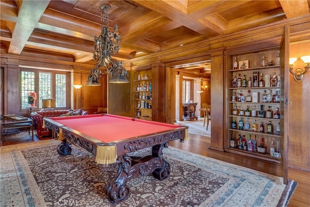 11 La Linda Dr, Long Beach, CA 90807 - playroom featuring wooden ceiling with exposed beams, wood walls, coffered ceiling, wood finished floors, and pool table