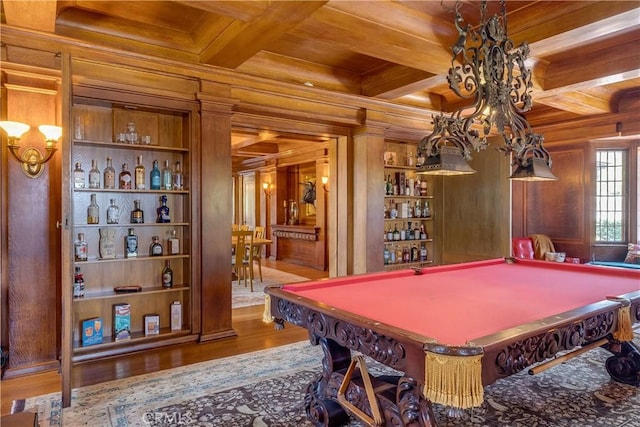 11 La Linda Dr, Long Beach, CA 90807 - rec room featuring wood ceiling with exposed beams, wooden walls, crown molding, wood finished floors, and coffered ceiling