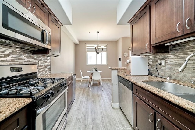 300 E Providencia Ave Unit 211, Burbank, CA 91502 - kitchen with stainless steel appliances, backsplash, a sink, dark brown cabinetry, and baseboards