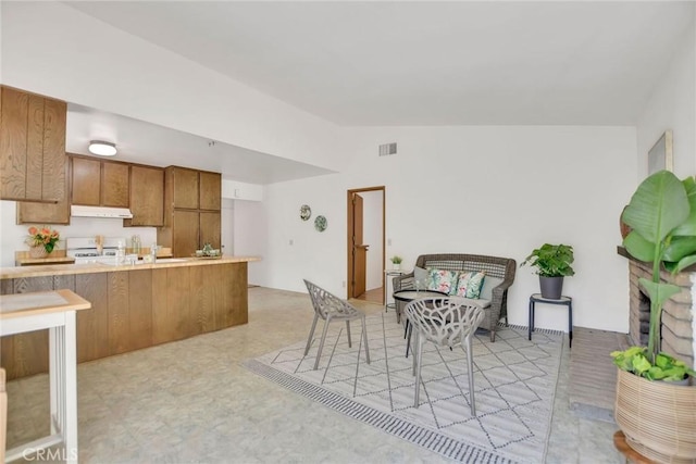 30124 Casa Chata Pl, Temecula, CA 92592 - dining area with vaulted ceiling, light floors, and a brick fireplace