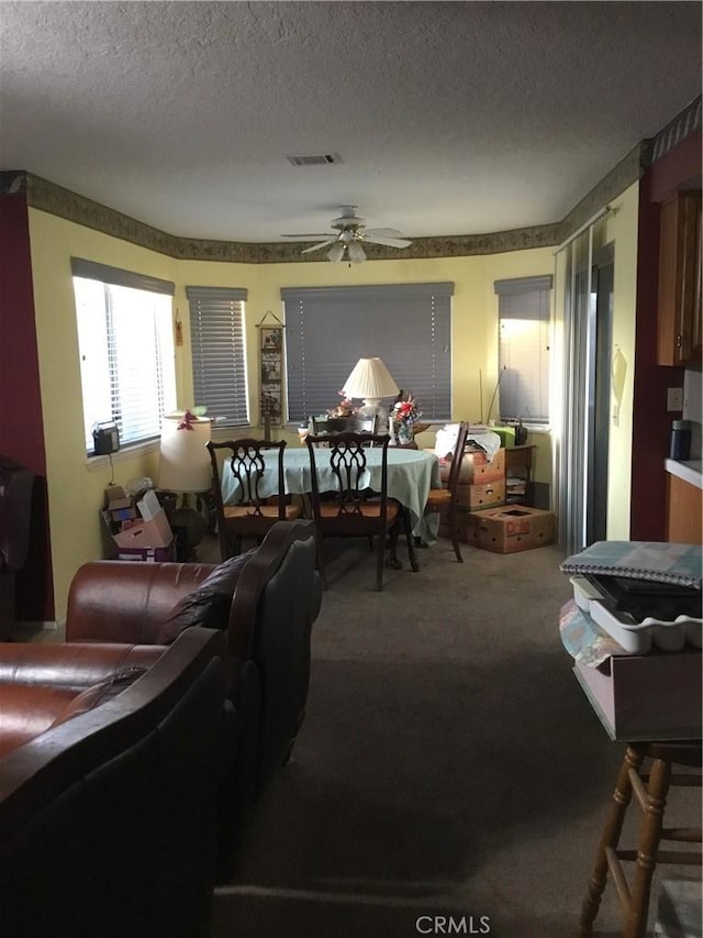17590 El Cajon Dr, Hesperia, CA 92345 - carpeted living area featuring a ceiling fan and a textured ceiling