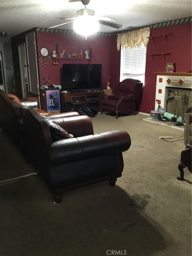17590 El Cajon Dr, Hesperia, CA 92345 - carpeted living area with ceiling fan and a brick fireplace