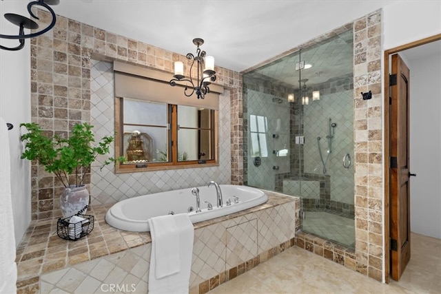 364 Via Almar, Palos Verdes Estates, CA 90274 - full bath featuring a chandelier, a jetted tub, tile walls, a stall shower, and tile patterned floors