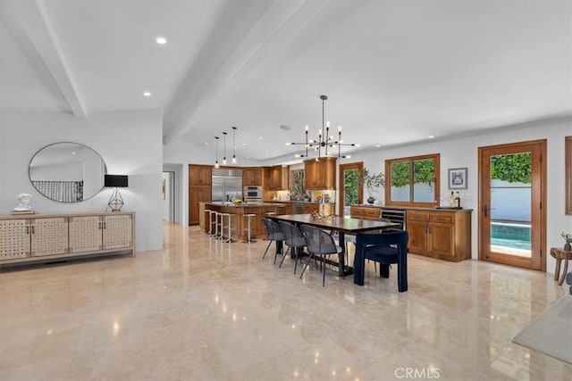 364 Via Almar, Palos Verdes Estates, CA 90274 - dining space featuring recessed lighting, a chandelier, light marble finish flooring, beam ceiling, and beverage cooler
