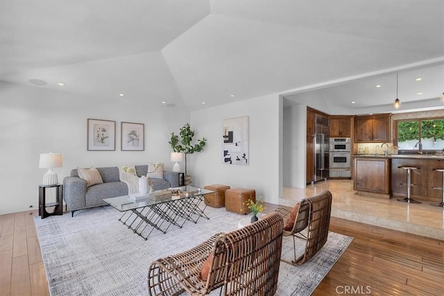 364 Via Almar, Palos Verdes Estates, CA 90274 - living room with light wood-type flooring, vaulted ceiling, and recessed lighting