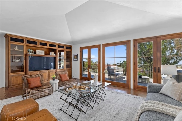 364 Via Almar, Palos Verdes Estates, CA 90274 - living room with french doors, wood finished floors, and vaulted ceiling