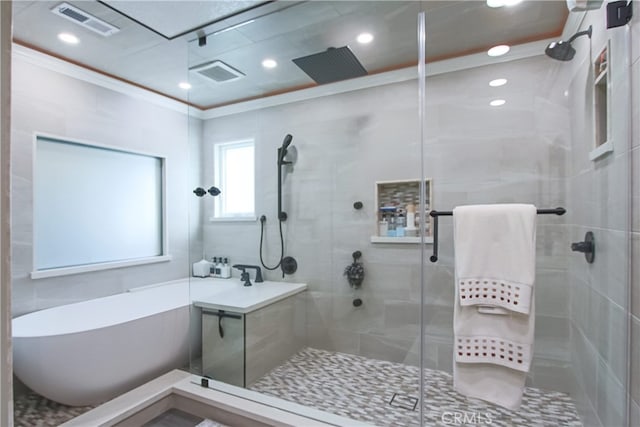 4374 Mahogany Cir, Yorba Linda, CA 92886 - full bath featuring a shower stall, a freestanding tub, recessed lighting, and crown molding