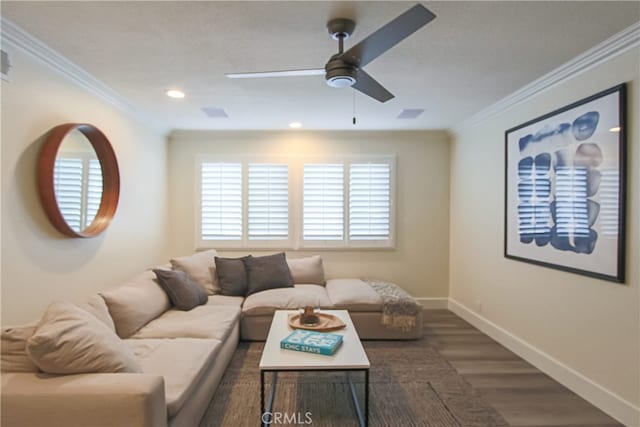 4374 Mahogany Cir, Yorba Linda, CA 92886 - living area with dark wood finished floors, healthy amount of natural light, ornamental molding, ceiling fan, and recessed lighting