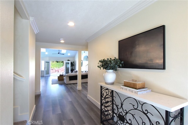 4374 Mahogany Cir, Yorba Linda, CA 92886 - hall with ornamental molding, dark wood-style floors, baseboards, and recessed lighting