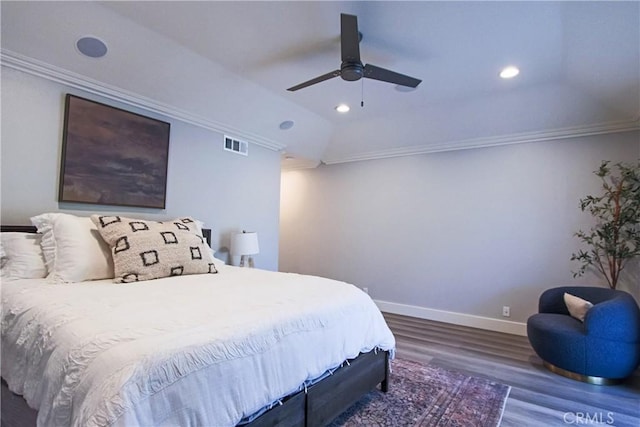 4374 Mahogany Cir, Yorba Linda, CA 92886 - bedroom with wood finished floors, crown molding, ceiling fan, and recessed lighting