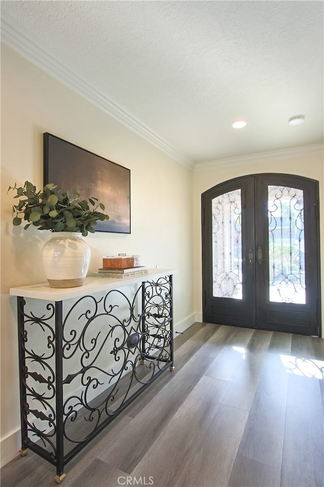 4374 Mahogany Cir, Yorba Linda, CA 92886 - entryway featuring french doors, crown molding, dark wood-type flooring, baseboards, and recessed lighting
