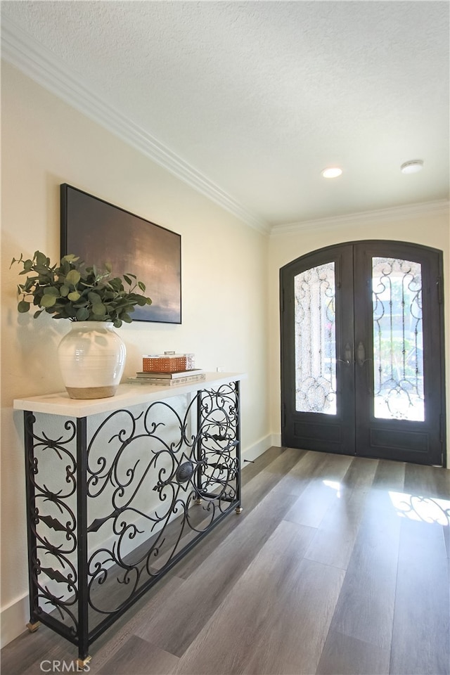 4374 Mahogany Cir, Yorba Linda, CA 92886 - entryway featuring french doors, ornamental molding, dark wood finished floors, and recessed lighting